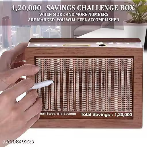 Wooden Savings Challenge Piggy Bank (₹50,000–₹1,20,000) | Money Saving Box for Kids & Adults | Carved Wooden Cash Vault Coin Bank | Reusable Money Gulak