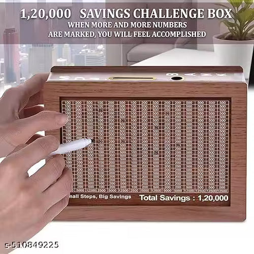 Wooden Savings Challenge Piggy Bank (₹50,000–₹1,20,000) | Money Saving Box for Kids & Adults | Carved Wooden Cash Vault Coin Bank | Reusable Money Gulak